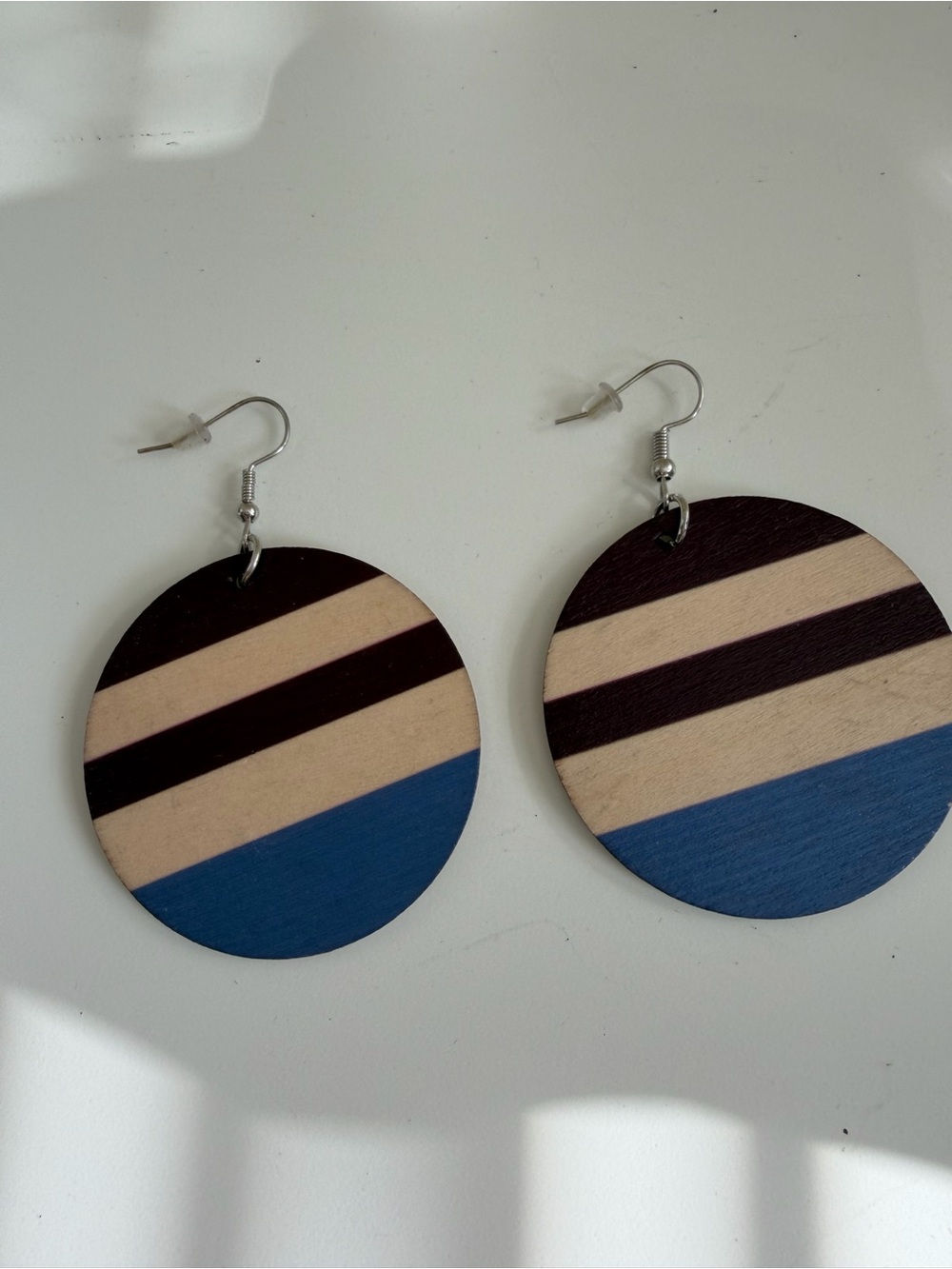 Striped Round Wood Drop Earrings — Navy, Natural & Black